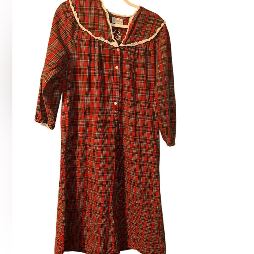 Lanz of Salzburg Womens red Plaid Flannel Nightgown 3/4 Sleeve size small s